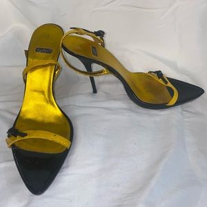 Yellow and black sling-back stiletto sandals. 4” heels.